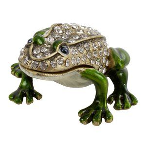 Bejeweled Green Enamel Small Frog Trinket Box, 2.4" x 1" x 3"